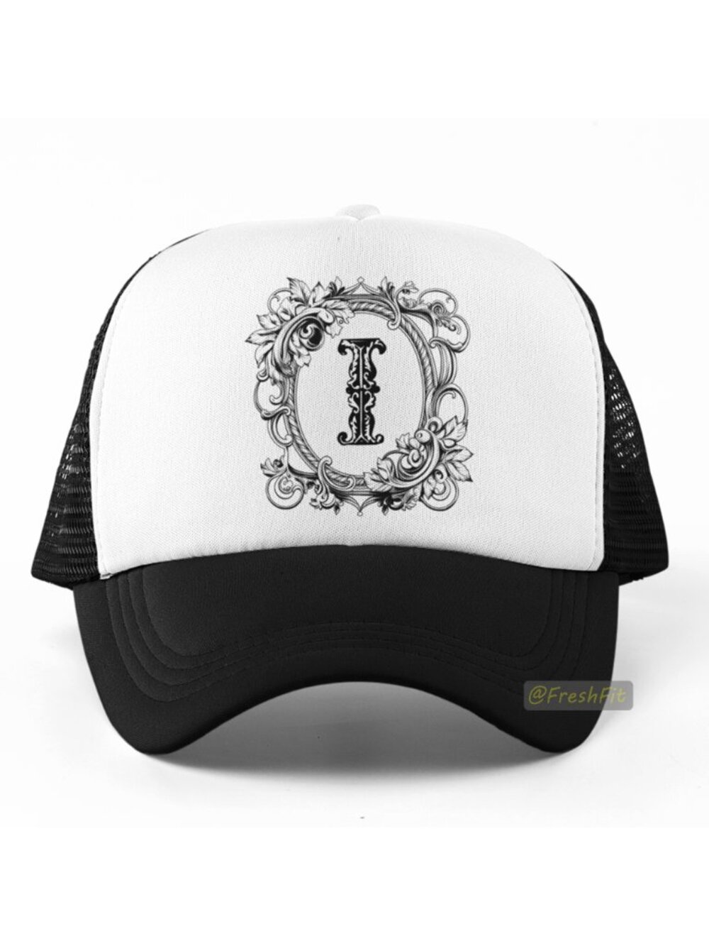 🆕Letter I Ornate Initial Foam Trucker Hat Mesh Snapback Cap Black/White